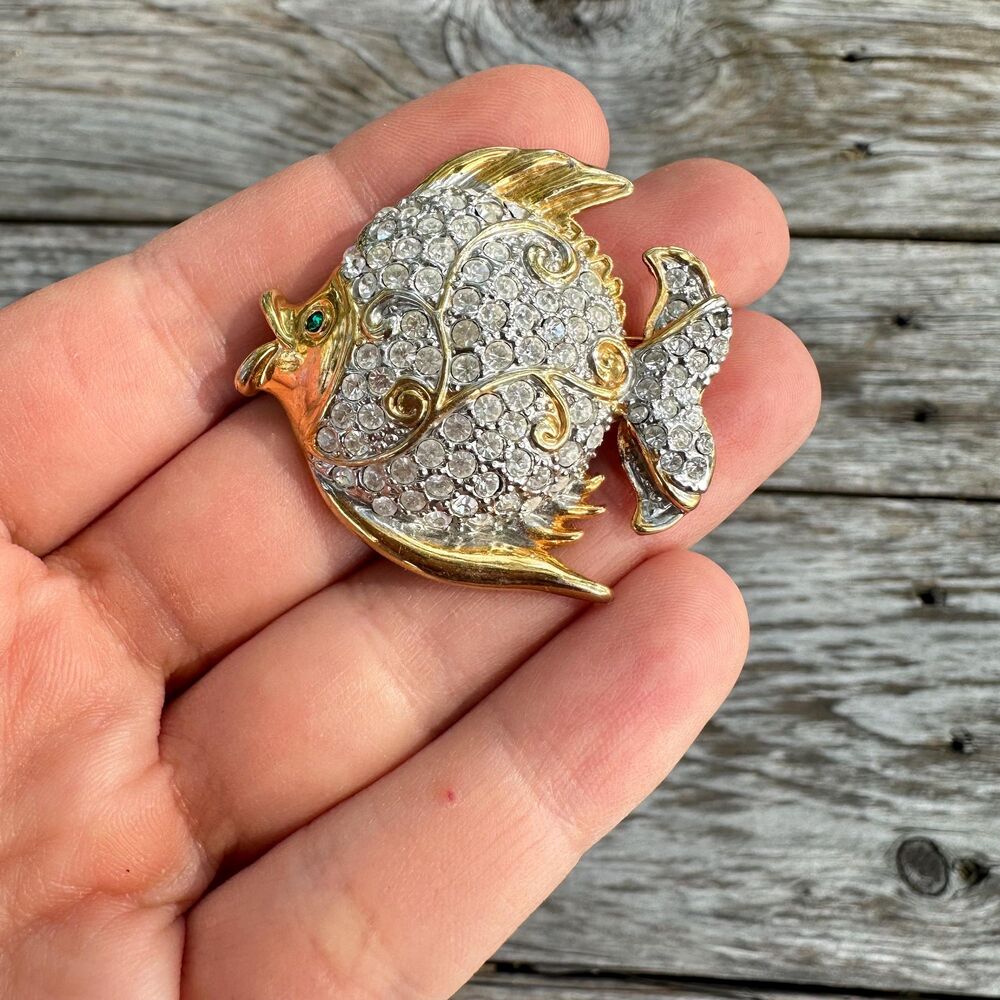 Vintage Jewelry Gold Tone Rhinestone Puffer Fish Brooch Blow Fish Pin